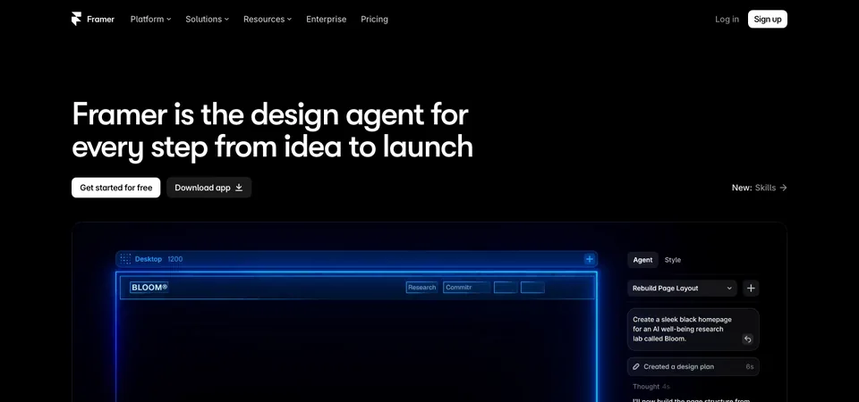 The Framer home page: the design agent for every step from idea to launch