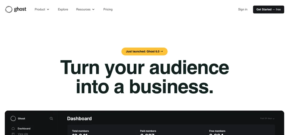 The Ghost home page: turn your audience into a business