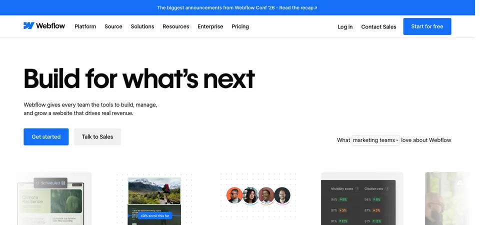 The Webflow home page: build for what is next