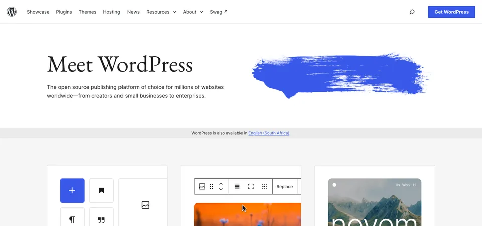 The WordPress.org home page: Meet WordPress, the open source publishing platform