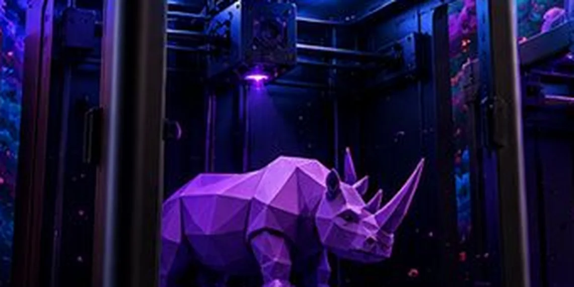 A low-poly rhino model inside a 3D printer