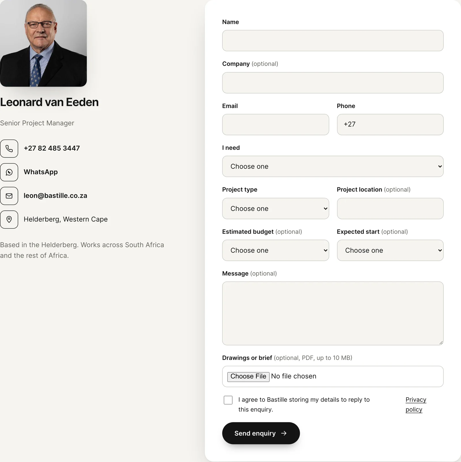 The contact page: phone, WhatsApp and email on the left, and the enquiry form on the right asking for name, company, email, phone, what you need, project type, budget, expected start and a message