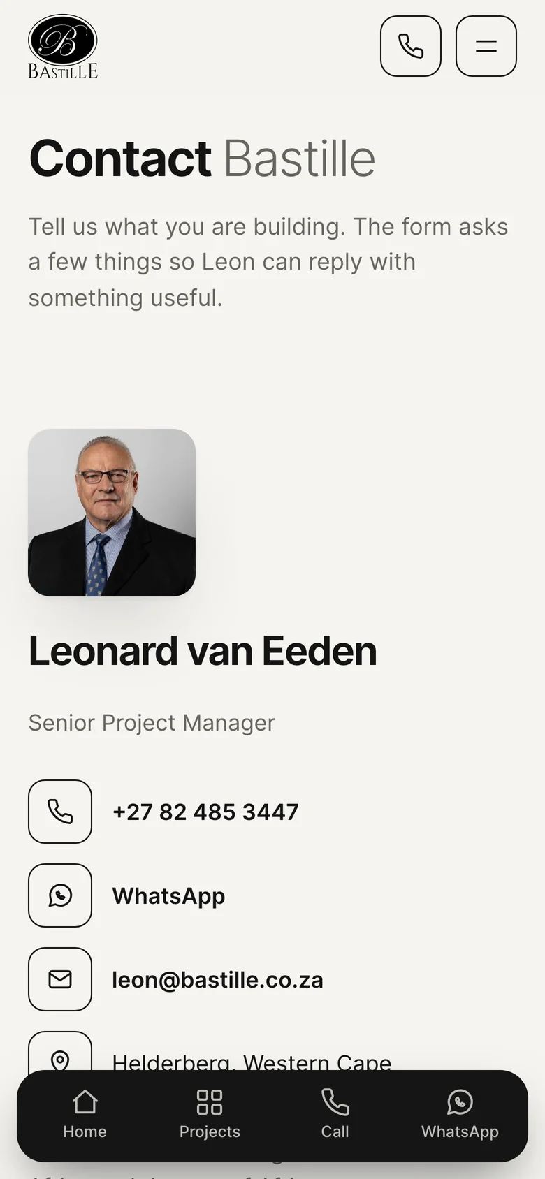 The contact page on a phone: phone number, WhatsApp, email and the enquiry form