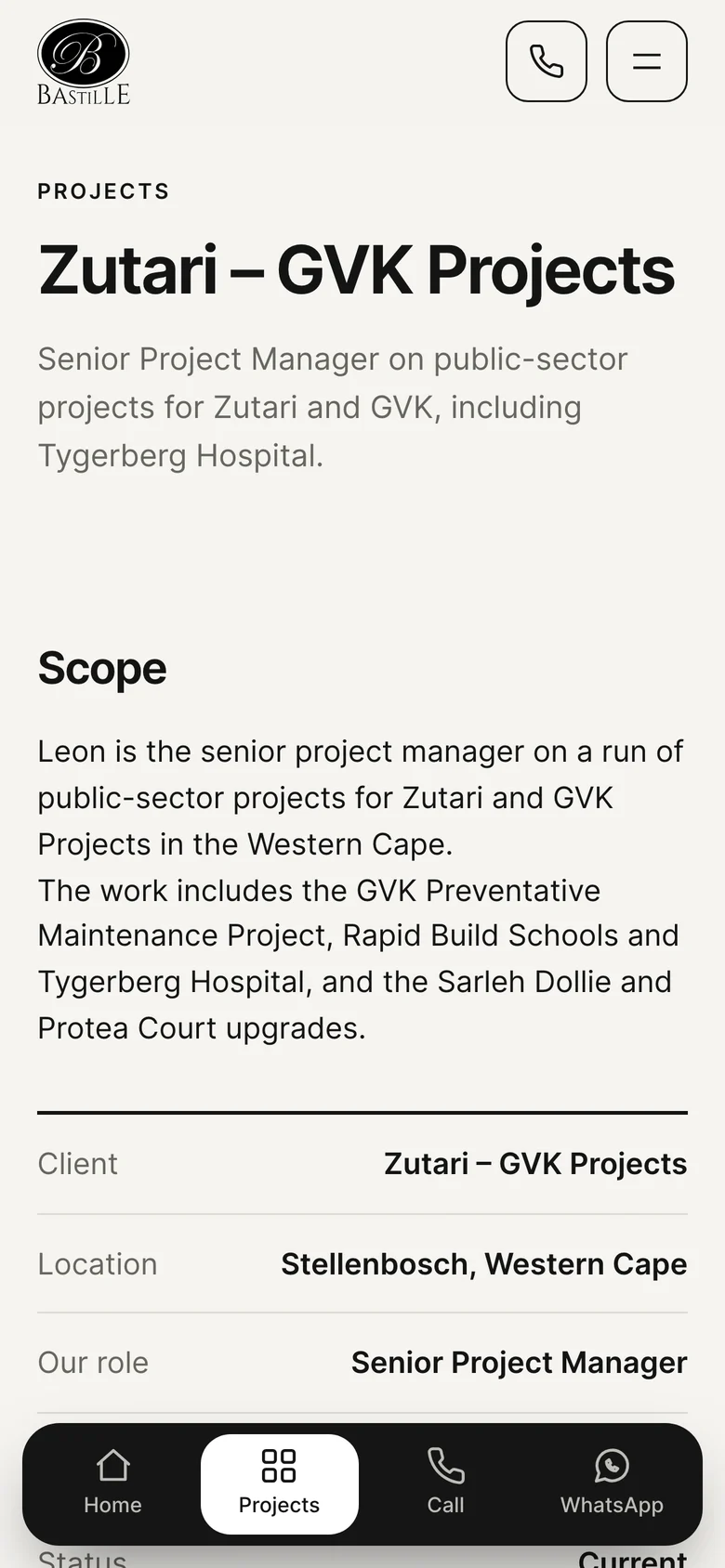 A single project on a phone: the title, the summary and a facts panel with client, location, role and status