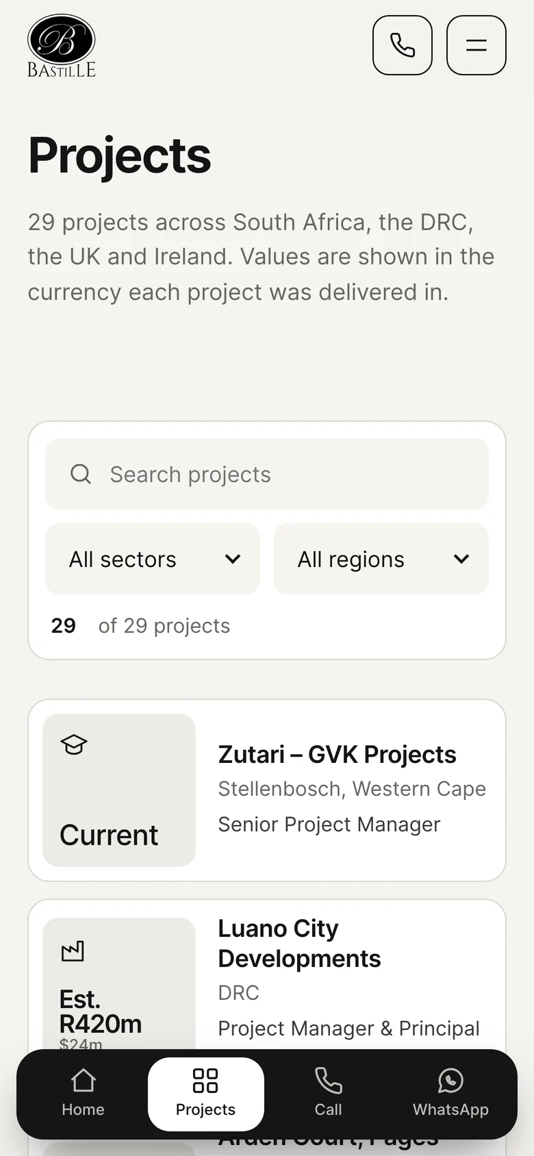 The projects page on a phone: search, two filters and a compact list of project cards