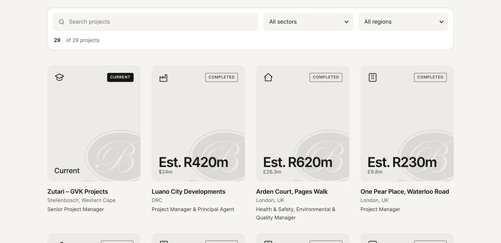 The projects page: a search box, All sectors and All regions dropdowns, a count reading 29 of 29 projects, and a row of project cards showing Est. R420m with $24m underneath