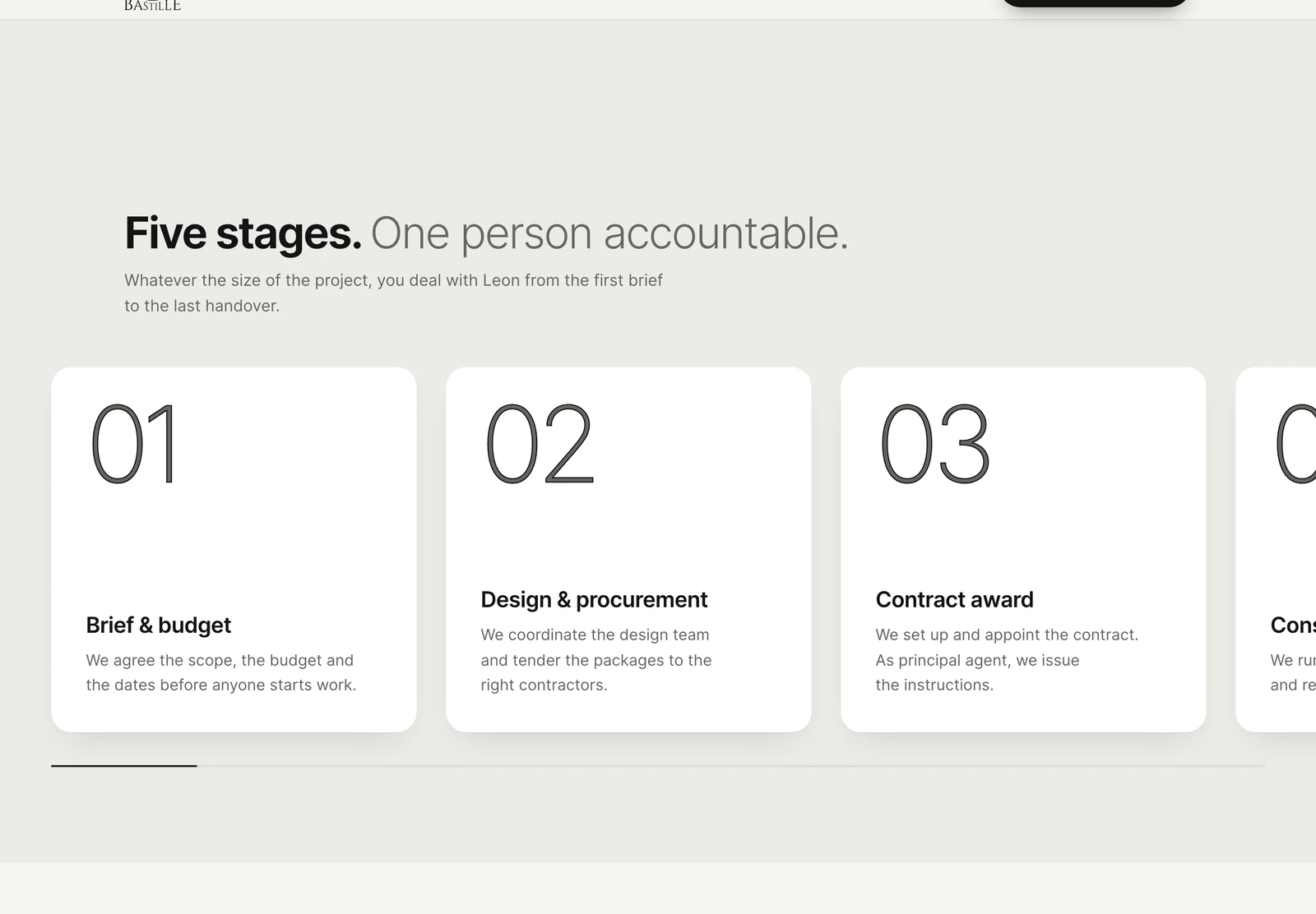 The five stages section pinned to the screen, with cards 01 Brief and budget, 02 Design and procurement and 03 Contract award sliding across and a progress bar underneath