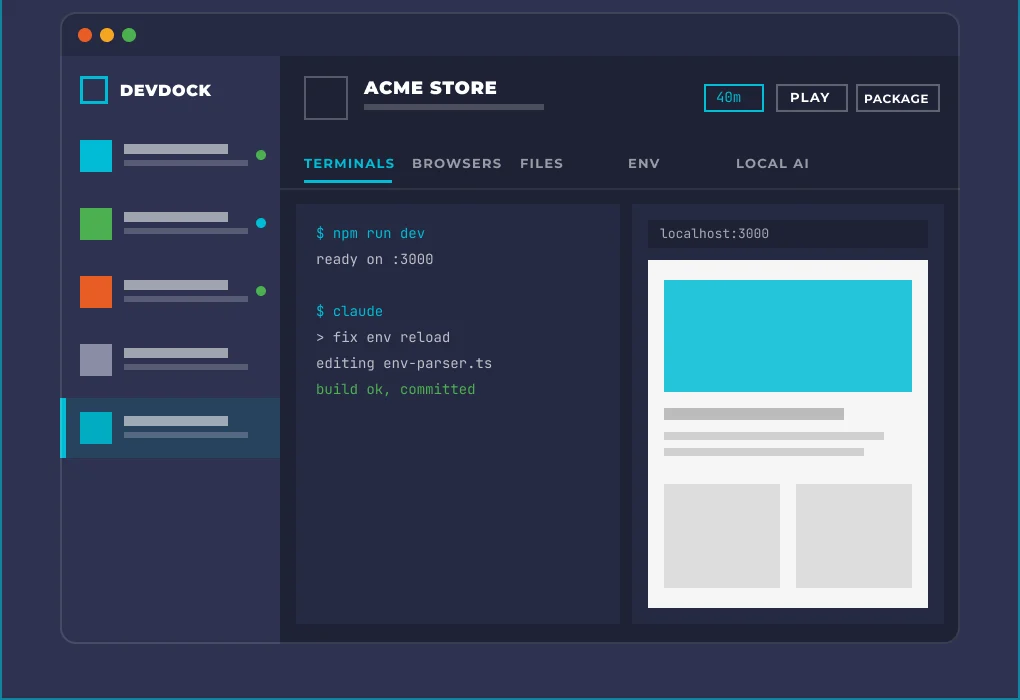 A single DevDock window with a terminal and browser pane side by side