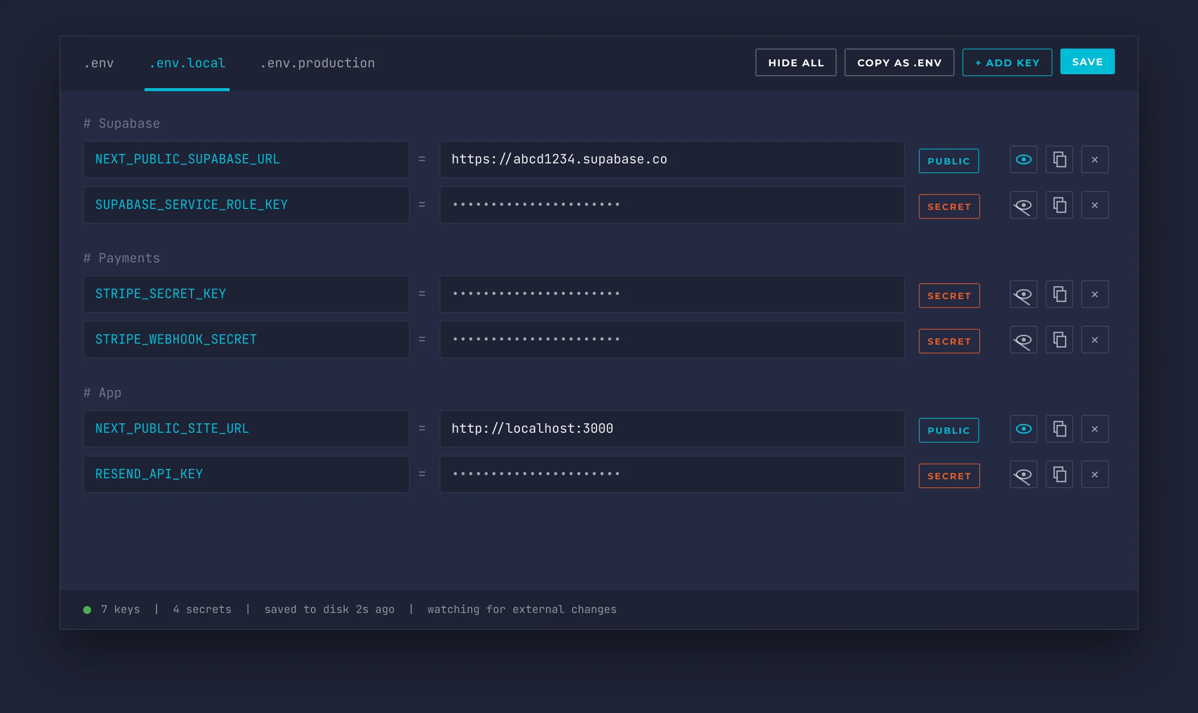 The DevDock env editor