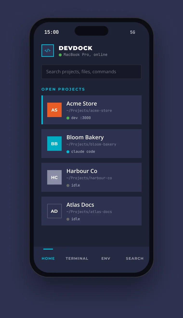 The DevDock phone app showing open projects with their status
