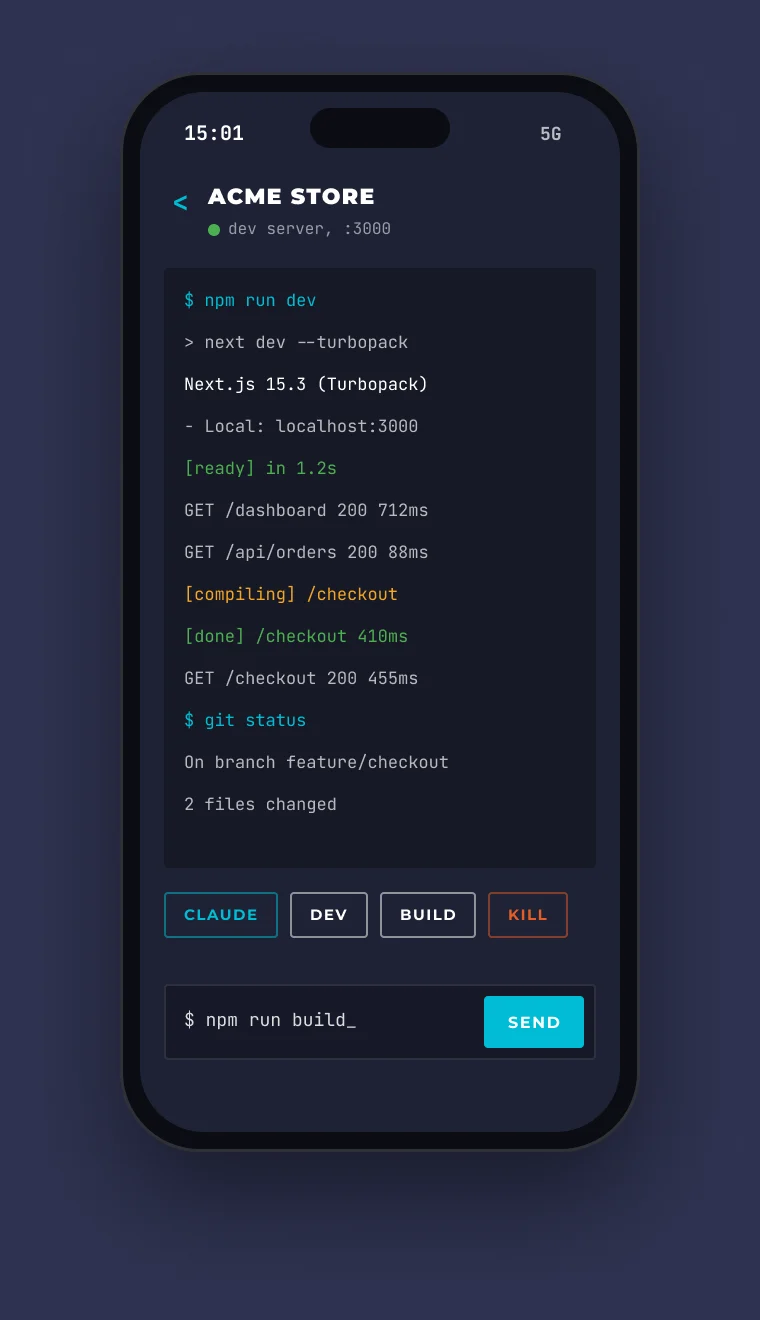 The DevDock phone app streaming the Acme Store dev server terminal