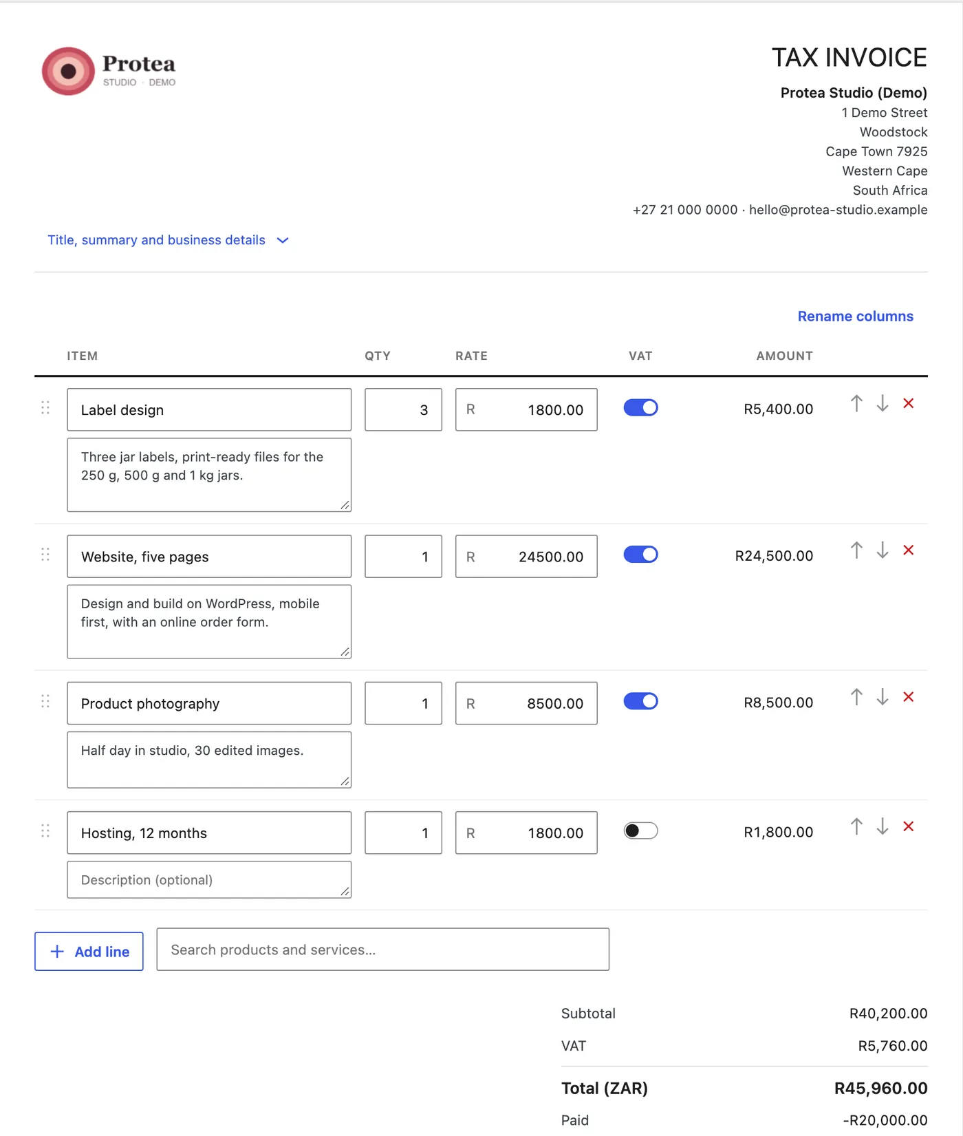 The invoice editor: the document laid out like the PDF, four line items with quantity, rate and a VAT switch, and totals that update as you type