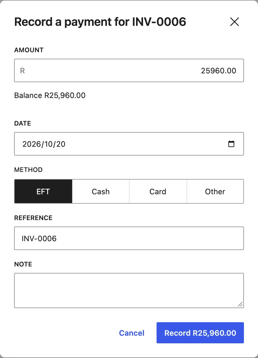 Record payment: amount filled with the balance, date, a choice of EFT, cash, card or other, and a reference