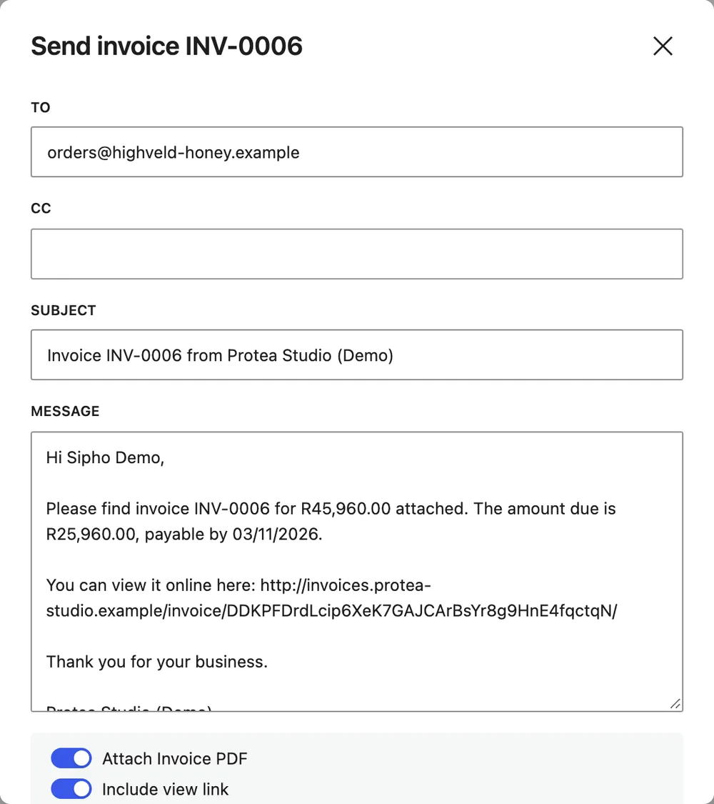 The send window: to, cc, subject and a message filled in from the template, with switches to attach the PDF and include the view link
