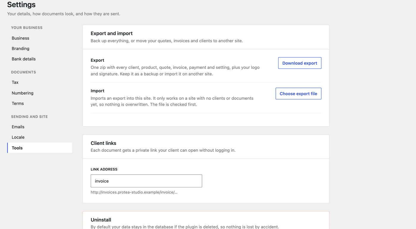 Settings, Tools: export everything as one zip, import an export into a fresh site, and the address used for client links