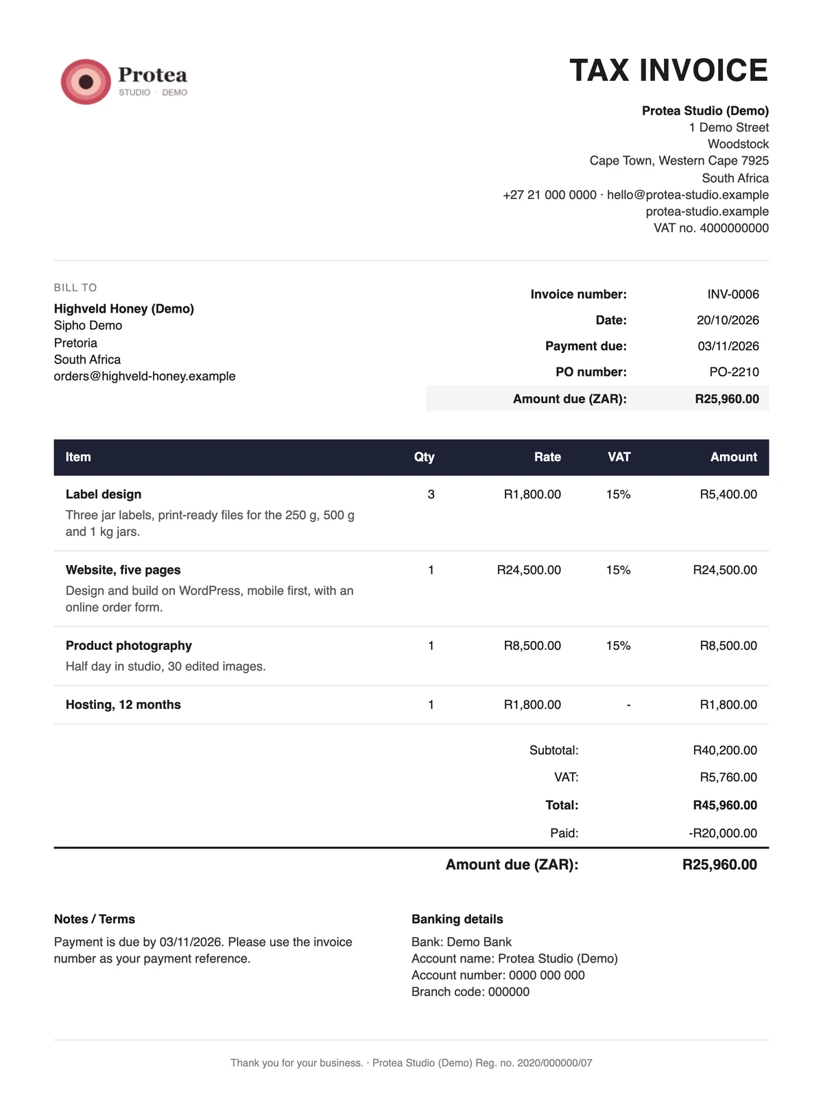 A tax invoice made with the plugin for a demo business: logo, business and VAT number, bill to, four lines with VAT per line, subtotal, VAT, total and the amount due