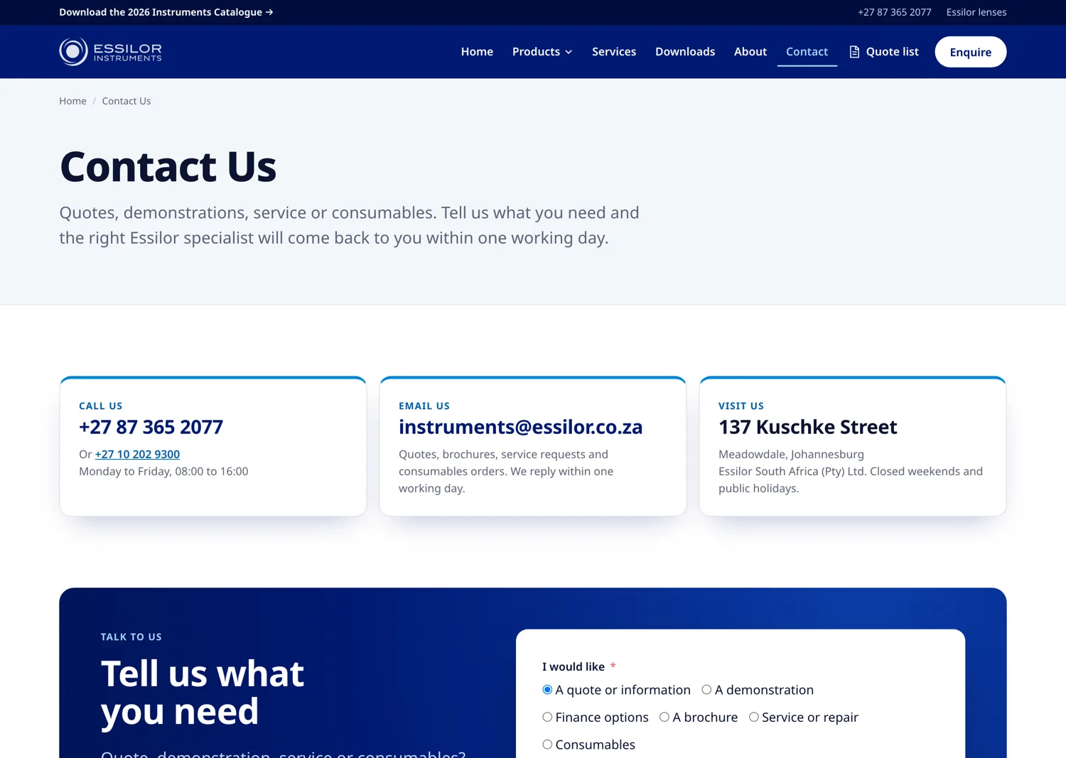 The contact page: cards for calling, emailing and visiting, beside a Tell us what you need form with chips for a quote, a demonstration, finance, a brochure, service or consumables.