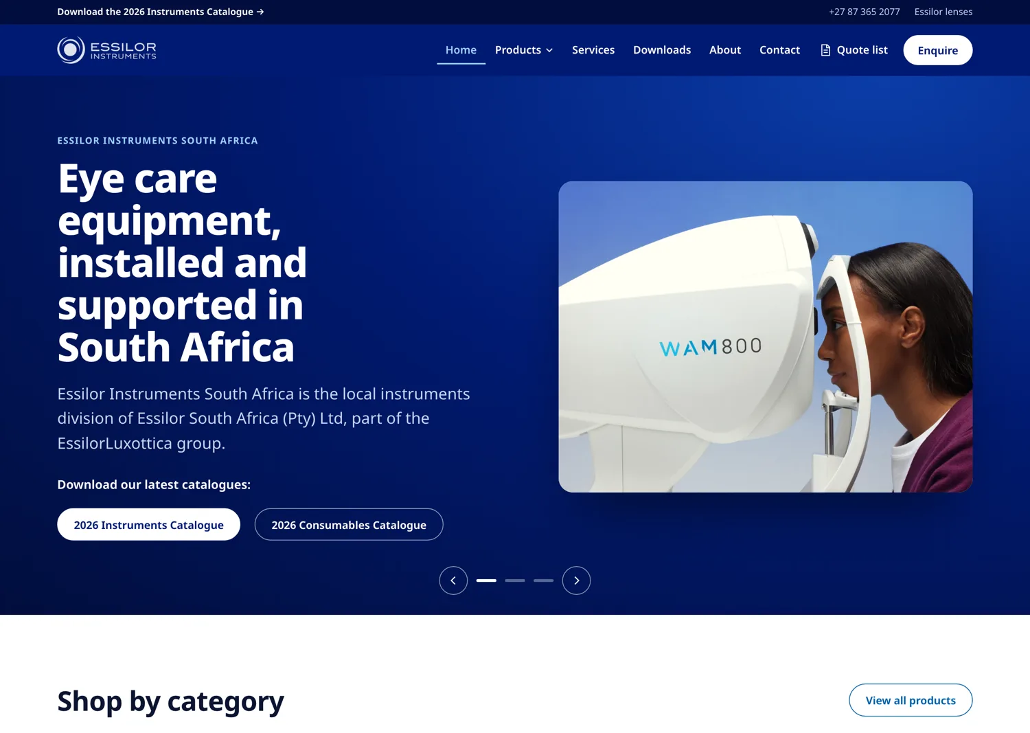The Essilor Instruments South Africa home page: a deep blue hero reading Eye care equipment, installed and supported in South Africa, beside a photograph of a patient at a WAM 800 wavefront analyzer.