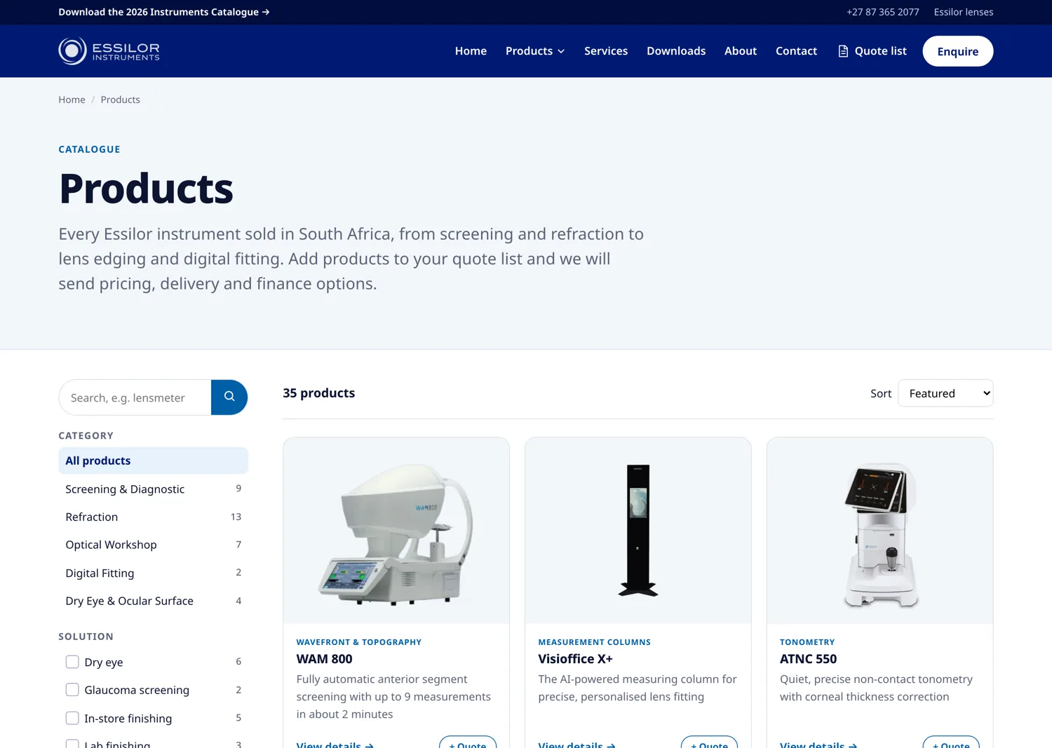 The products page: a category sidebar with counts next to Screening, Refraction, Optical Workshop, Digital Fitting and Dry Eye, and a grid of instrument cards each with a View details link and an Add to quote button.