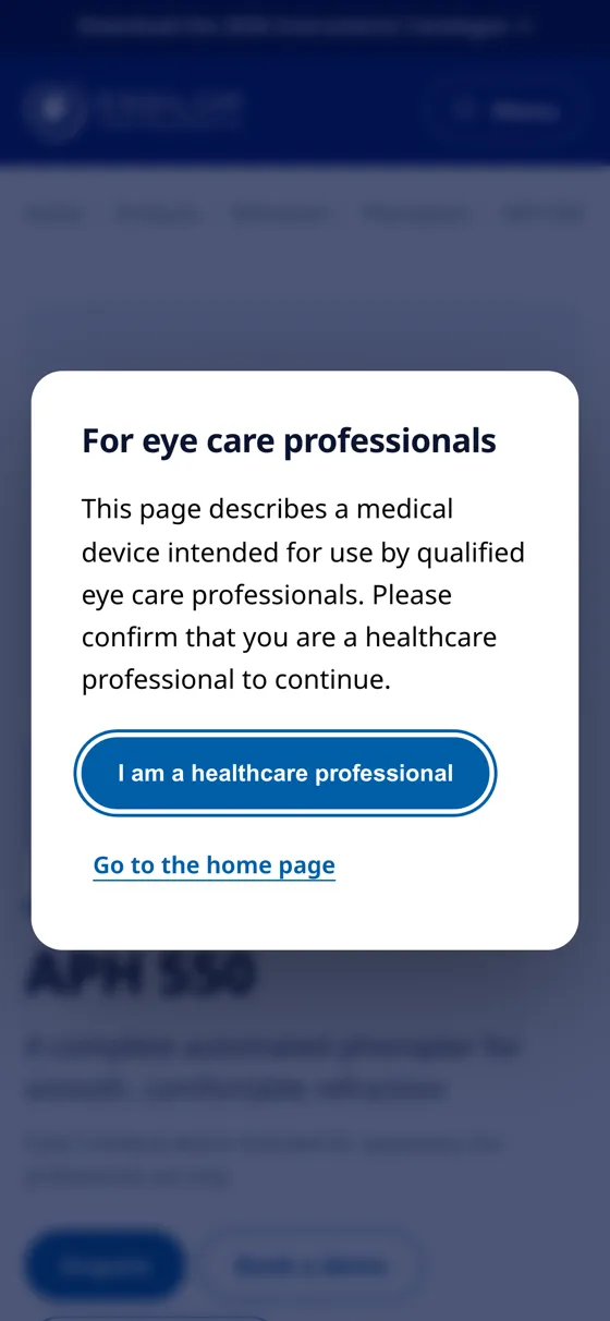 A phone showing the professionals gate: a card reading For eye care professionals, with a button to confirm you are a healthcare professional before the device page loads.