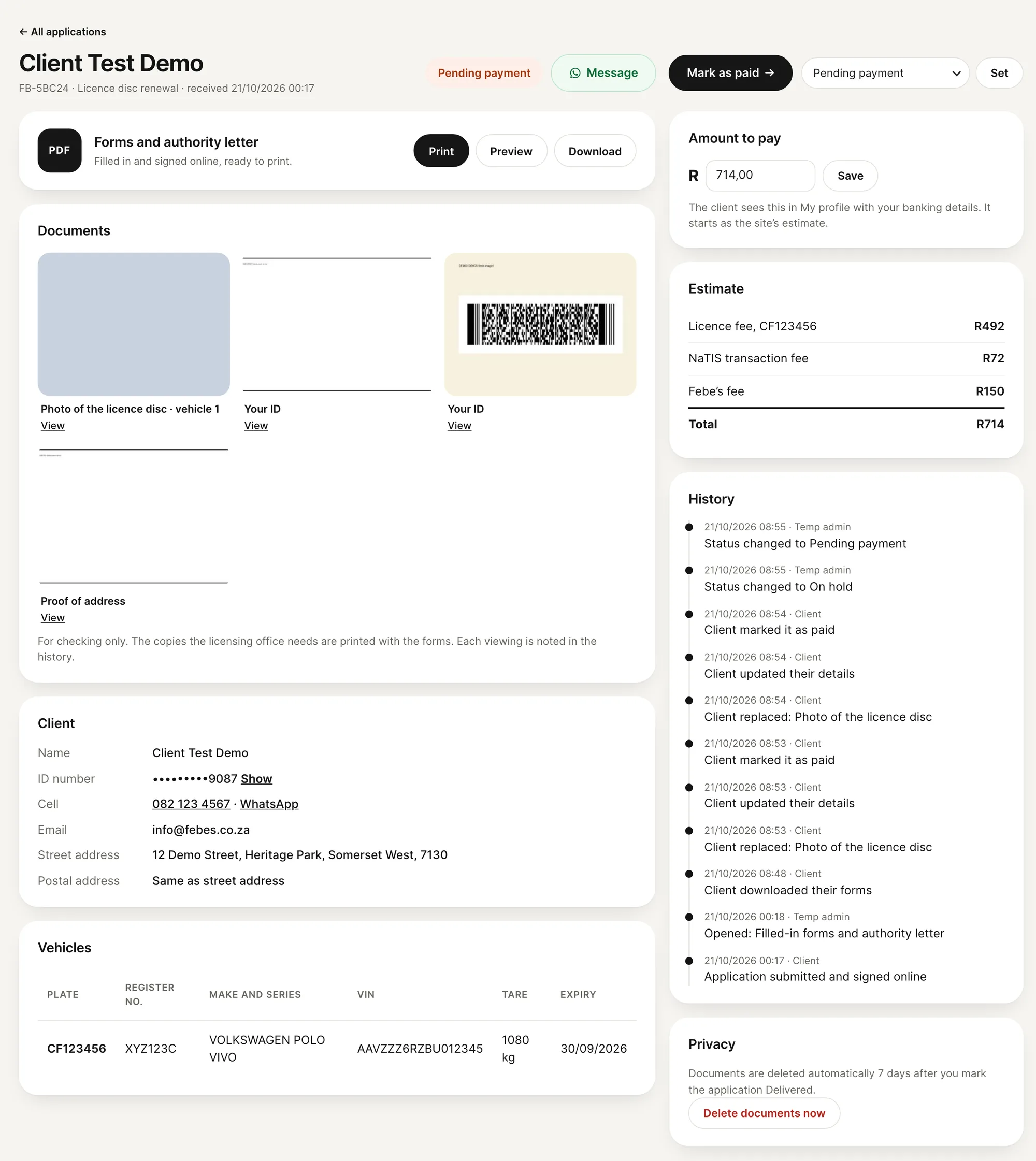 One application in the back office: the forms PDF with Print, Preview and Download, thumbnails of the documents, the client’s details with the ID number hidden, the vehicle, the amount to pay, the estimate and the history