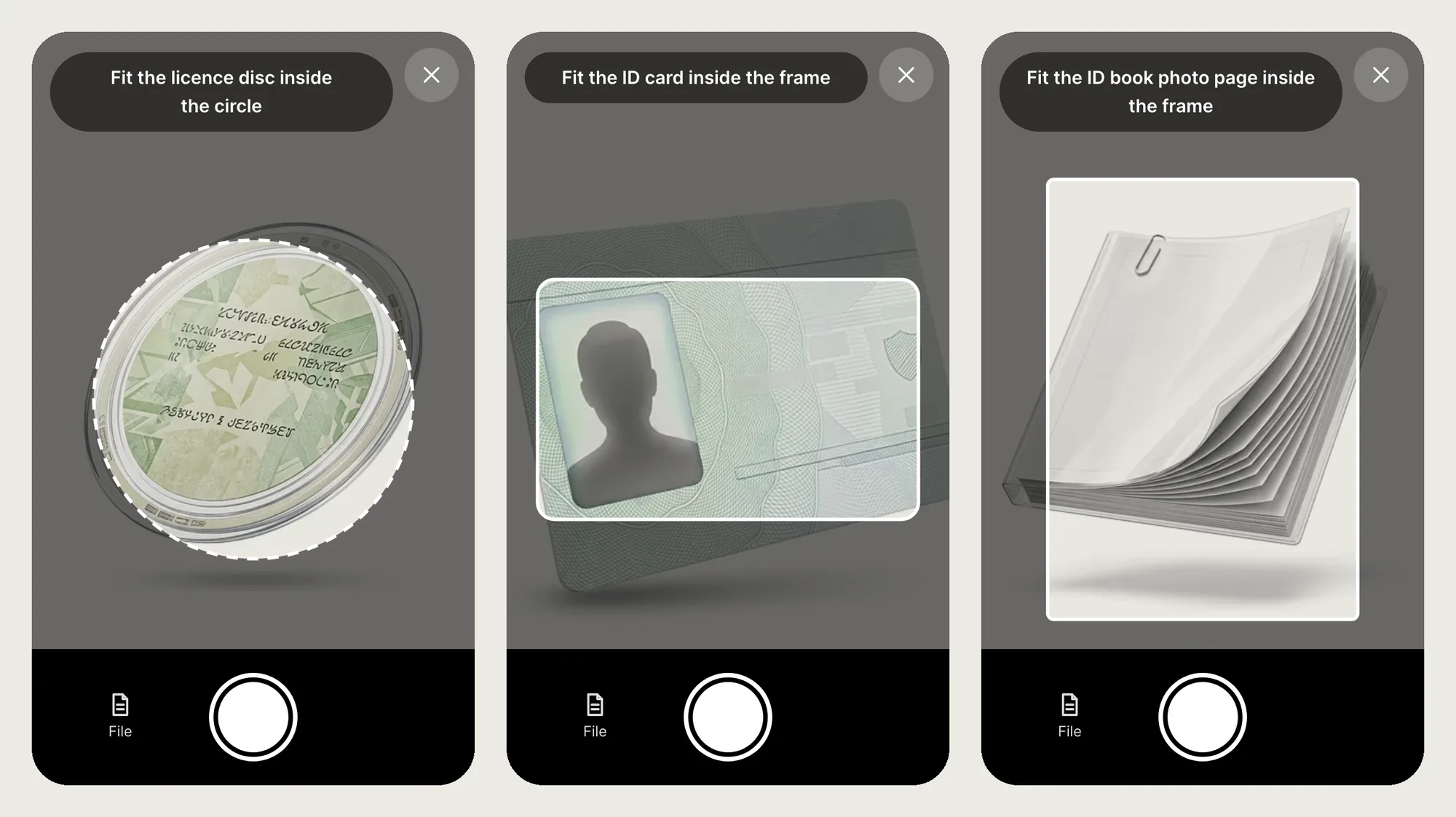 Three phone camera screens side by side: a circle guide over a licence disc, a card frame over a Smart ID card and a tall frame over an ID book, each with a tip at the top and a round shutter button
