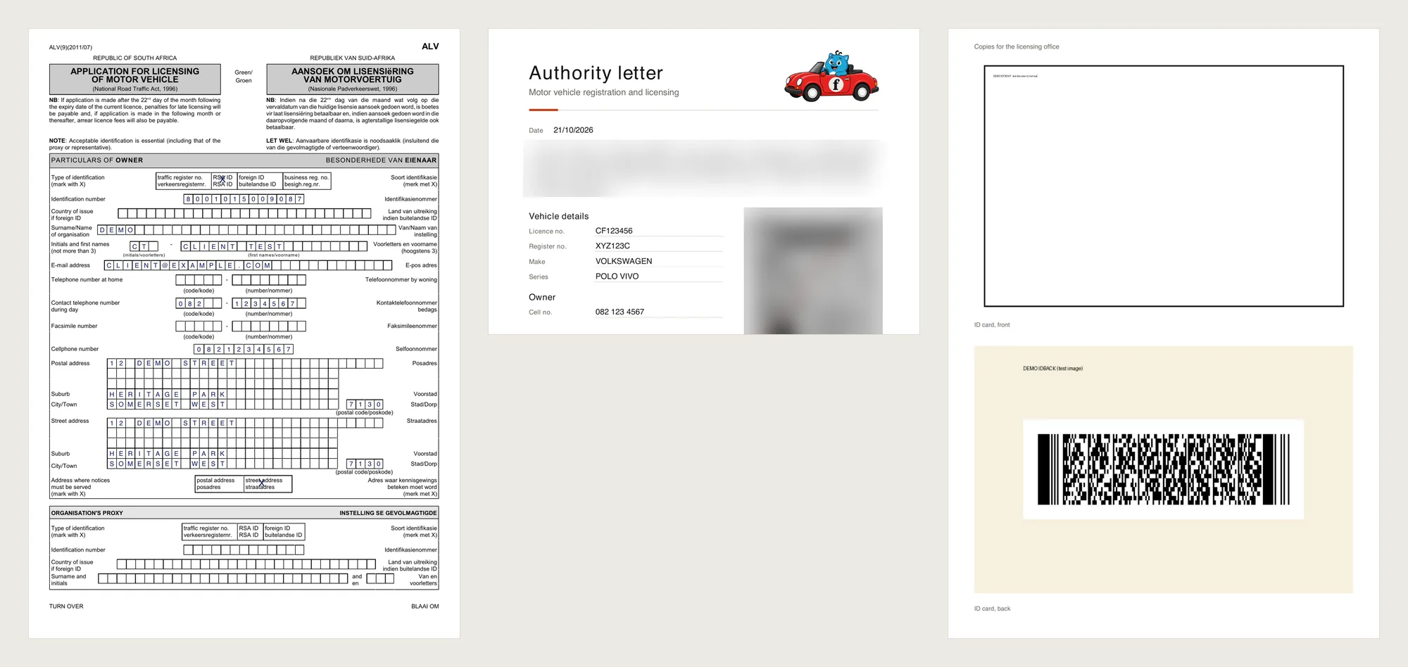Three printed pages: the ALV form filled in letter by letter for the demo client, the top of the authority letter with Febe’s private details blurred, and a page of ID copies printed two to a page for the licensing office