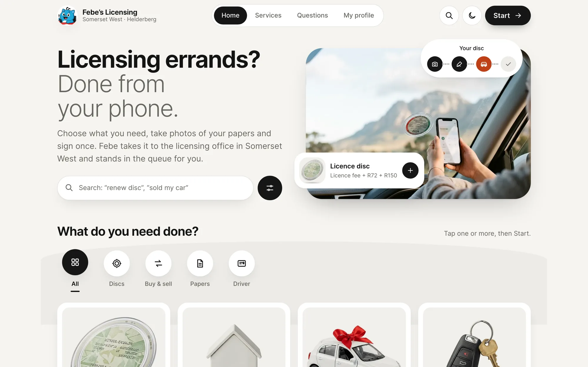 The febes.co.za home page on a laptop: the headline Licensing errands? Done from your phone, a search box, a photo of a phone held up to a licence disc, and the start of the service list with round filters