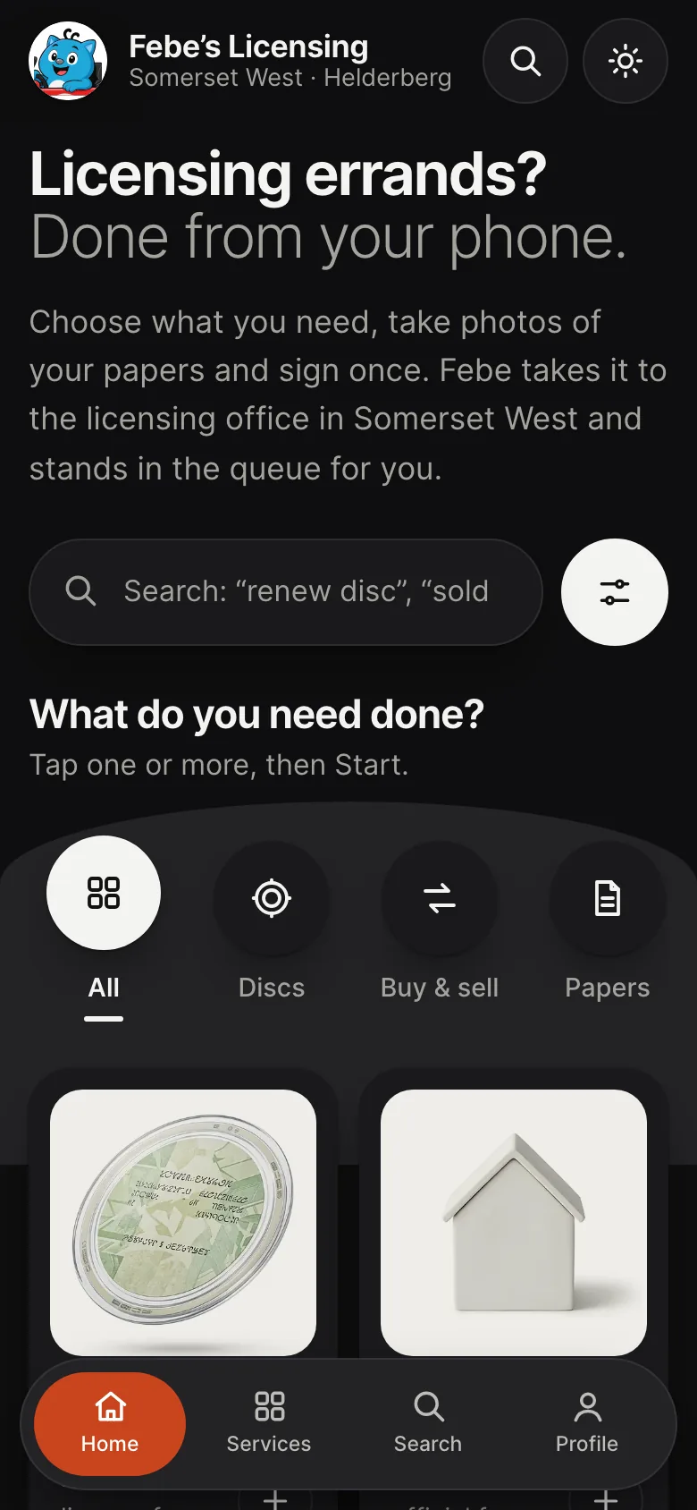 The same home page in dark mode: the headline, the search box, round filters for All, Discs, Buy and sell and Papers, and the first service cards