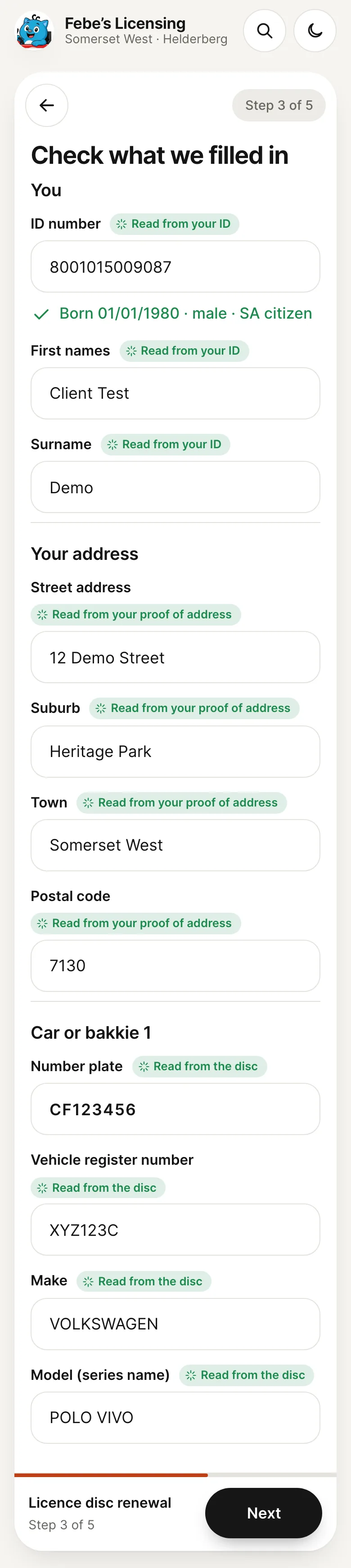The Check what we filled in step: the ID number, names and date of birth marked Read from your ID, the street address marked Read from your proof of address, and the number plate, make and model marked Read from the disc