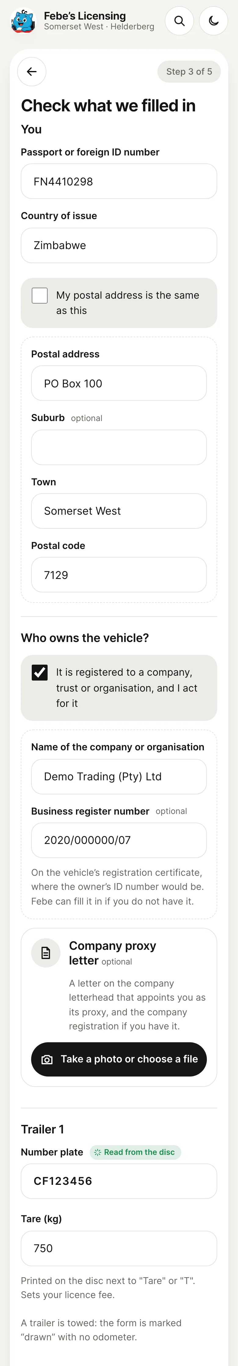 The same step for a foreign client: a passport number with Zimbabwe as the country of issue, a separate postal address, the company owner box ticked with the company name and register number, and a trailer marked as towed
