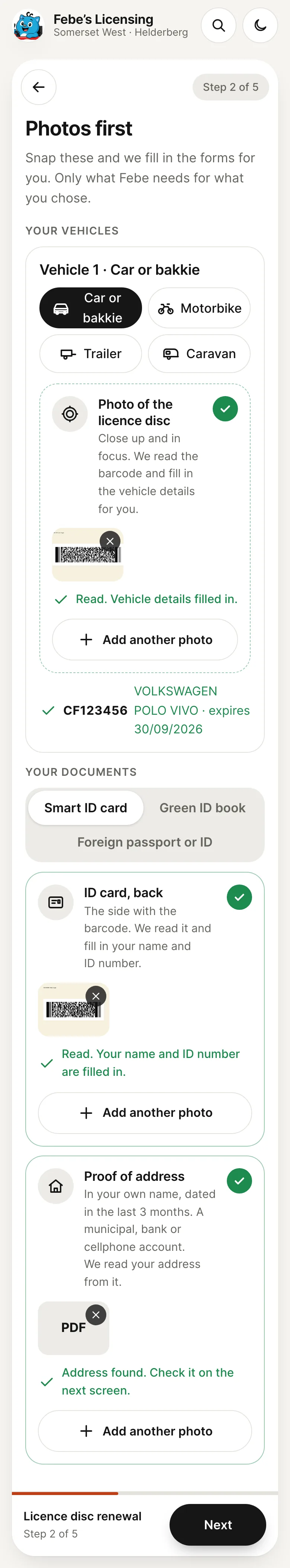 The Photos first step on a phone: the disc photo marked Read with CF123456, Volkswagen Polo Vivo, expires 30/09/2026, the ID card back marked Read, and a proof of address PDF with Address found