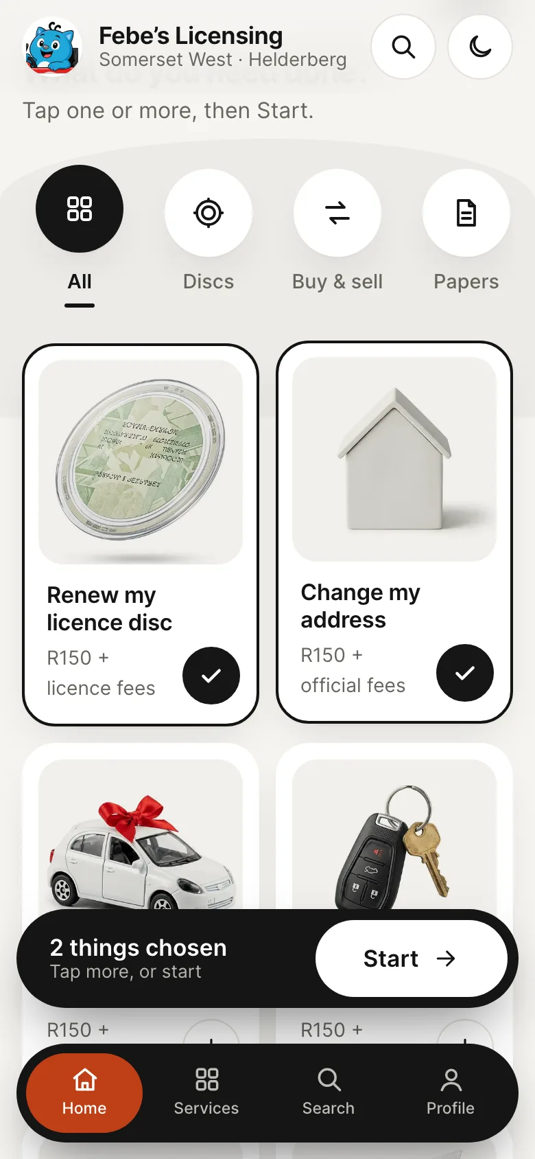 The home page on a phone with Renew my licence disc and Change my address ticked, a black bar that reads 2 things chosen with a Start button, and the black tab bar floating at the bottom