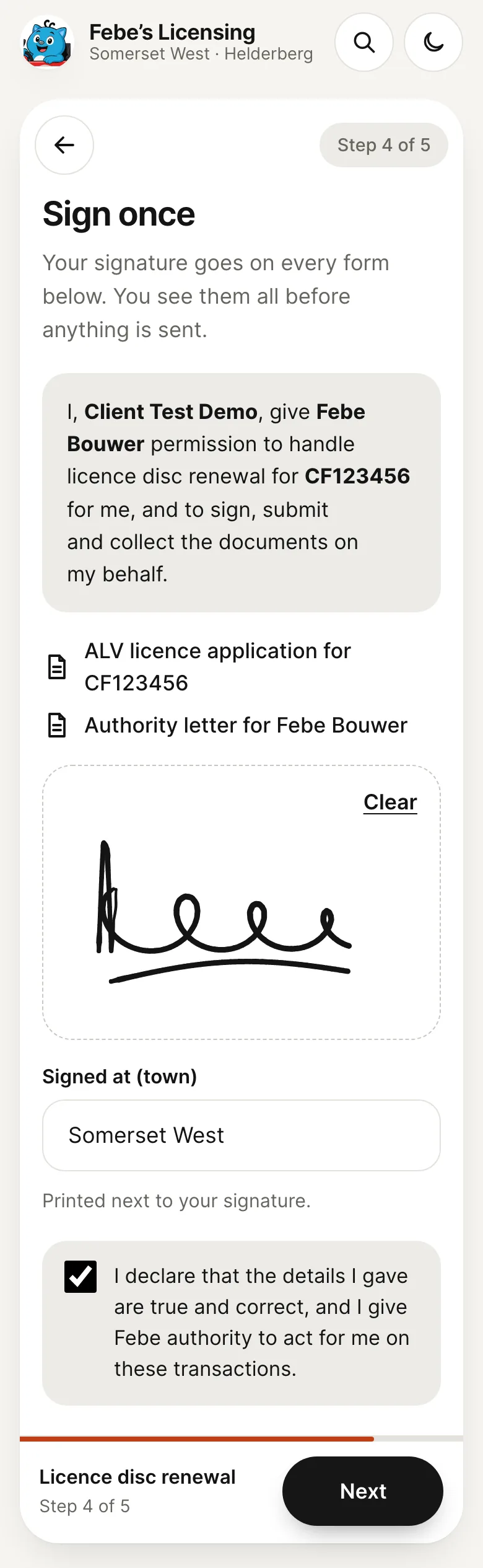 The Sign once step on a phone: the authority in plain words, the two documents it will be signed on, a signature drawn with a finger and the declaration ticked