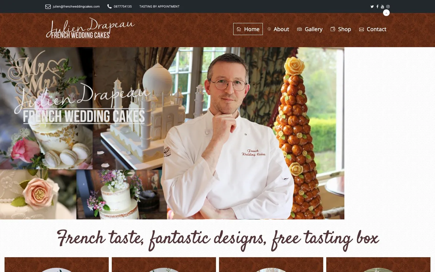 The old French Wedding Cakes home page with a brown banner and slider