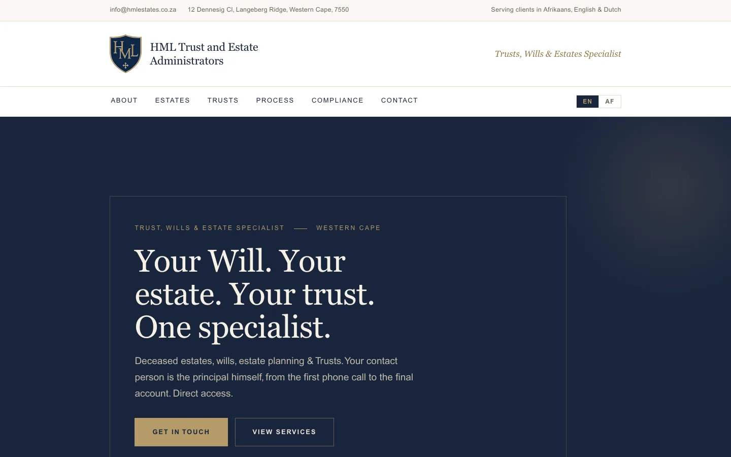 The hmlestates.co.za home page on a desktop browser: the navy HML crest logo, the headline Your Will. Your estate. Your trust. One specialist. on navy, with Get in touch and View services buttons