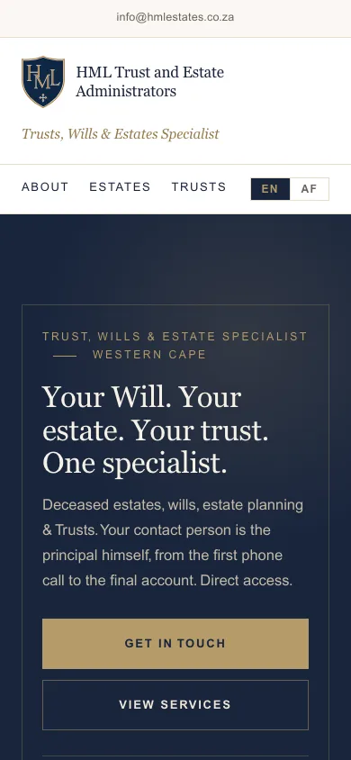 The same home page on a phone, with the promise and both buttons stacked under the menu and the EN / AF switch
