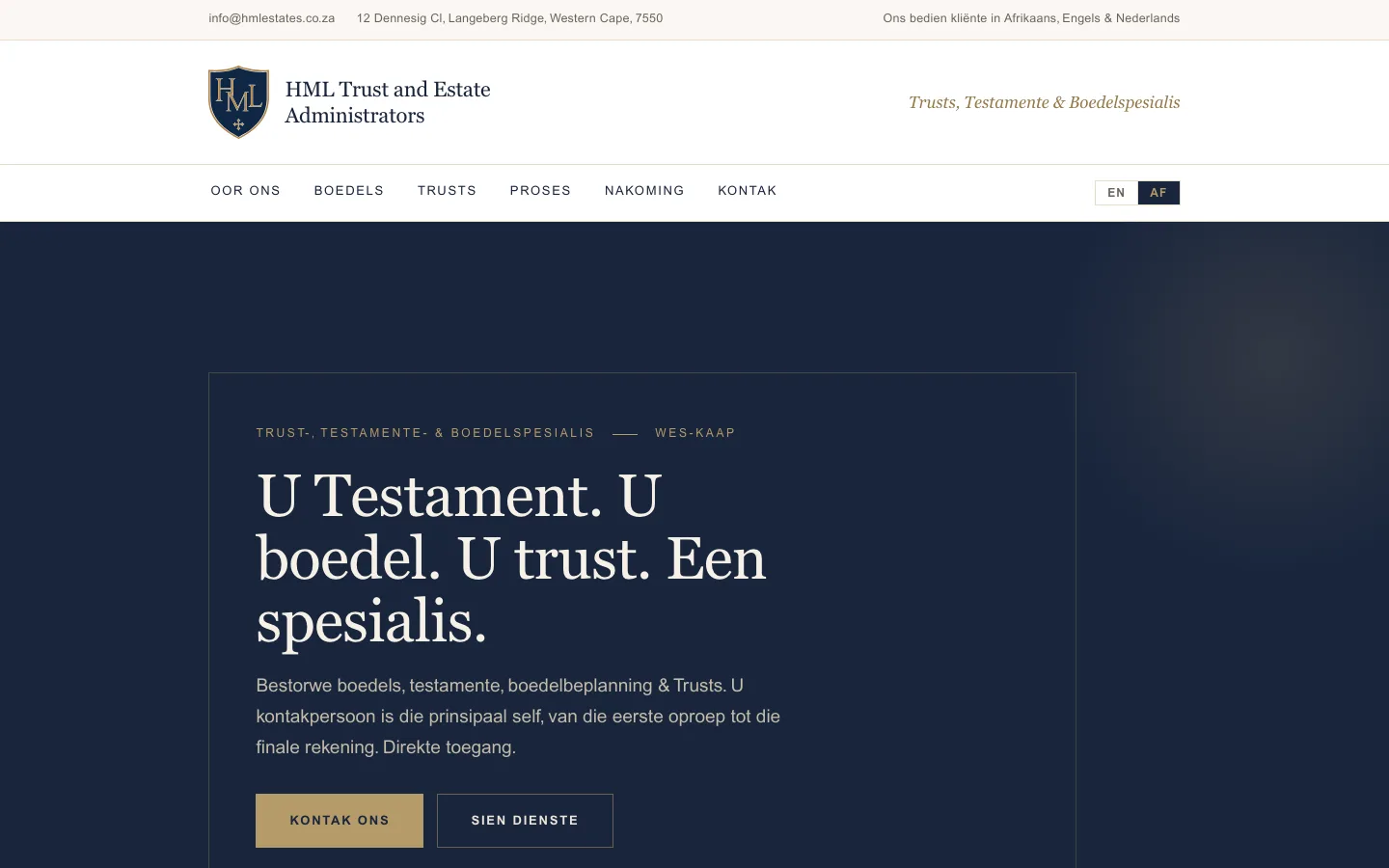 The same home page switched to Afrikaans: U Testament. U boedel. U trust. Een spesialis.