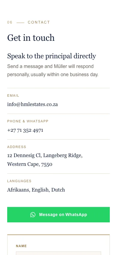 Phone view of Get in touch: email, phone, the address and a green WhatsApp button
