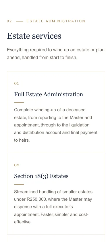 Phone view of Estate services, starting with the Full Estate Administration card