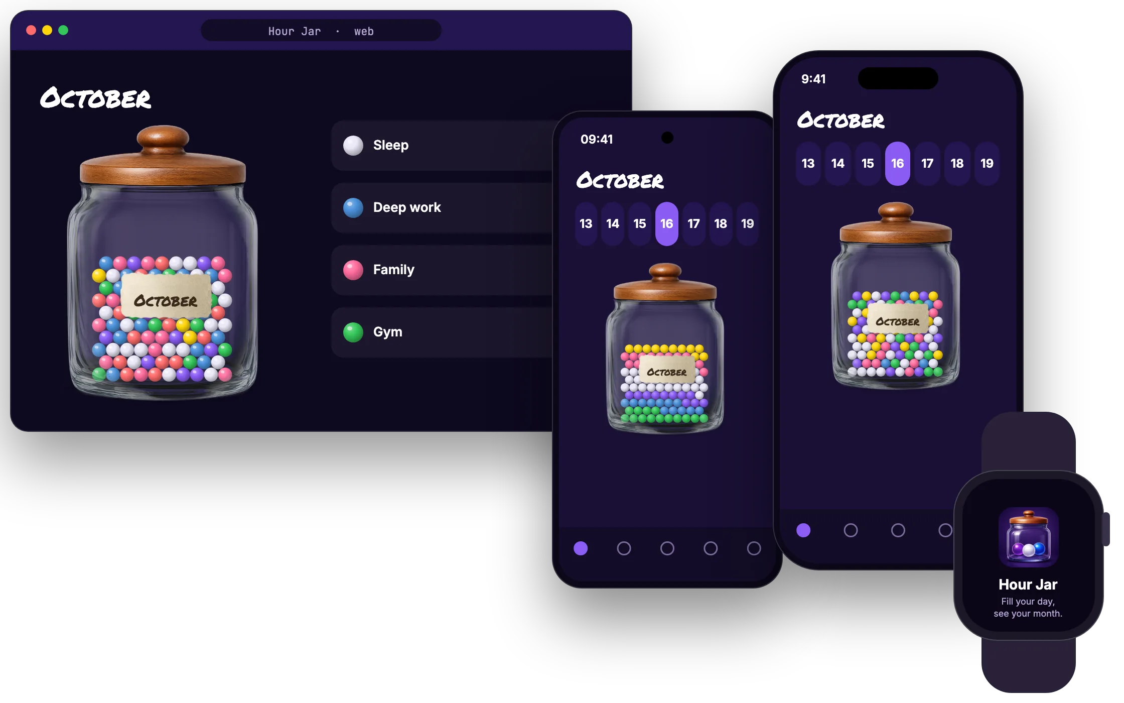 Hour Jar in a web browser, on an Android phone, on an iPhone and on an Apple Watch