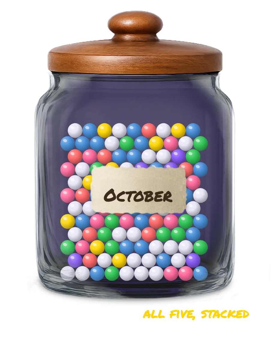 The finished jar: all five layers stacked, with an October label