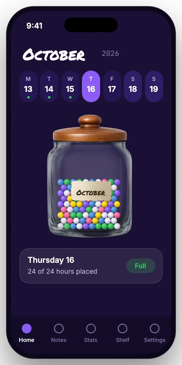 Hour Jar on iPhone: the October jar with a day picker along the top and Thursday 16 marked full