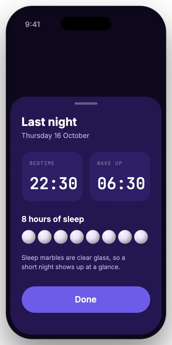 The Last night sheet: bedtime 22:30, wake up 06:30, eight clear sleep marbles
