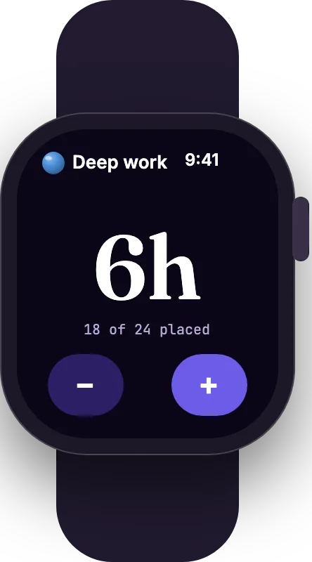 Apple Watch adjust screen: deep work 6h with minus and plus buttons