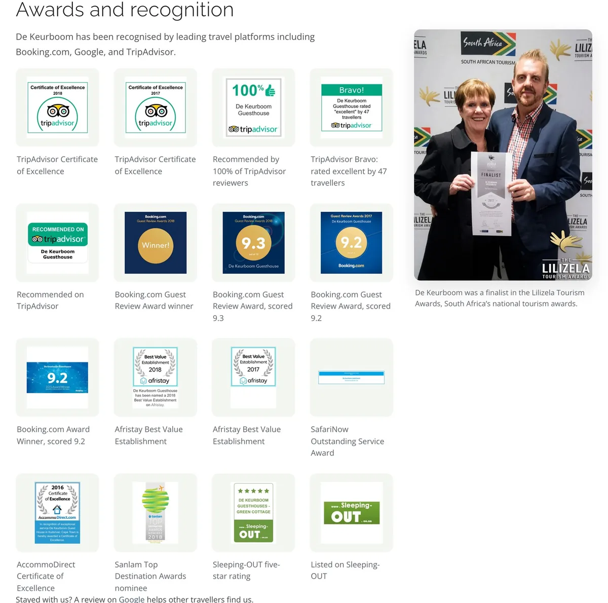 The reviews and awards page with sixteen badges from TripAdvisor, Booking.com, Afristay, AccommoDirect and Lilizela