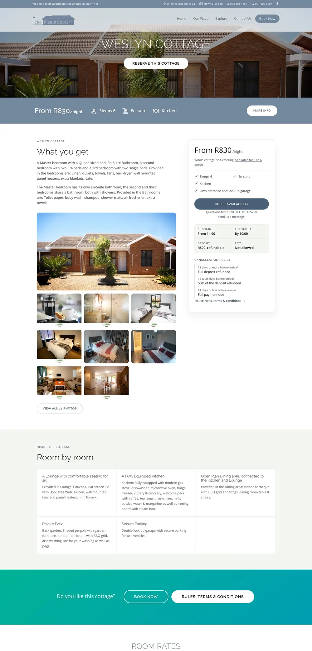 The Weslyn Cottage page: price, facts grid, photo gallery and booking card