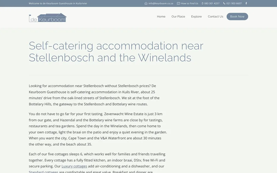 The landing page for accommodation near the Stellenbosch Winelands