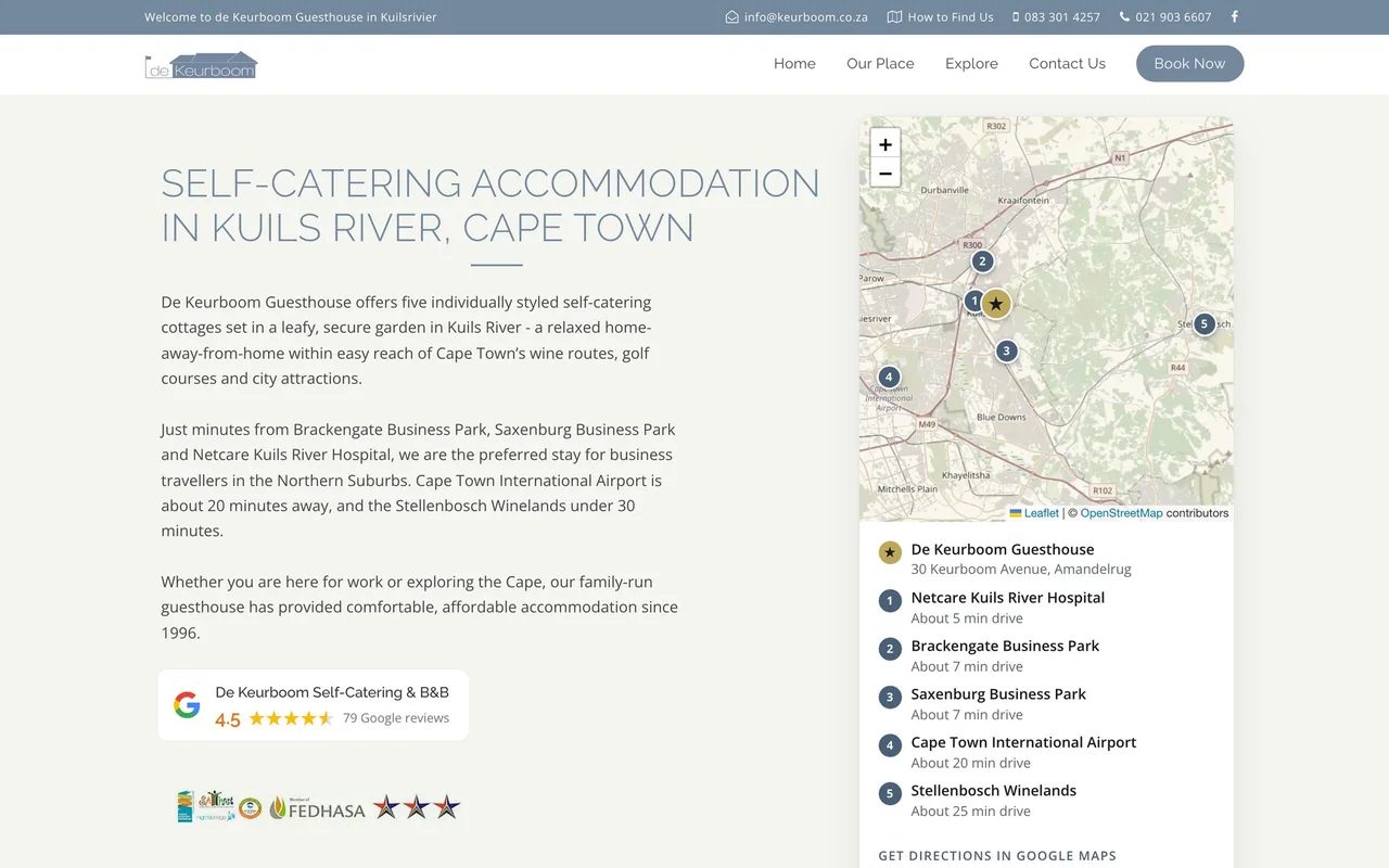 The home page map with nearby places: hospital, business parks, airport and winelands