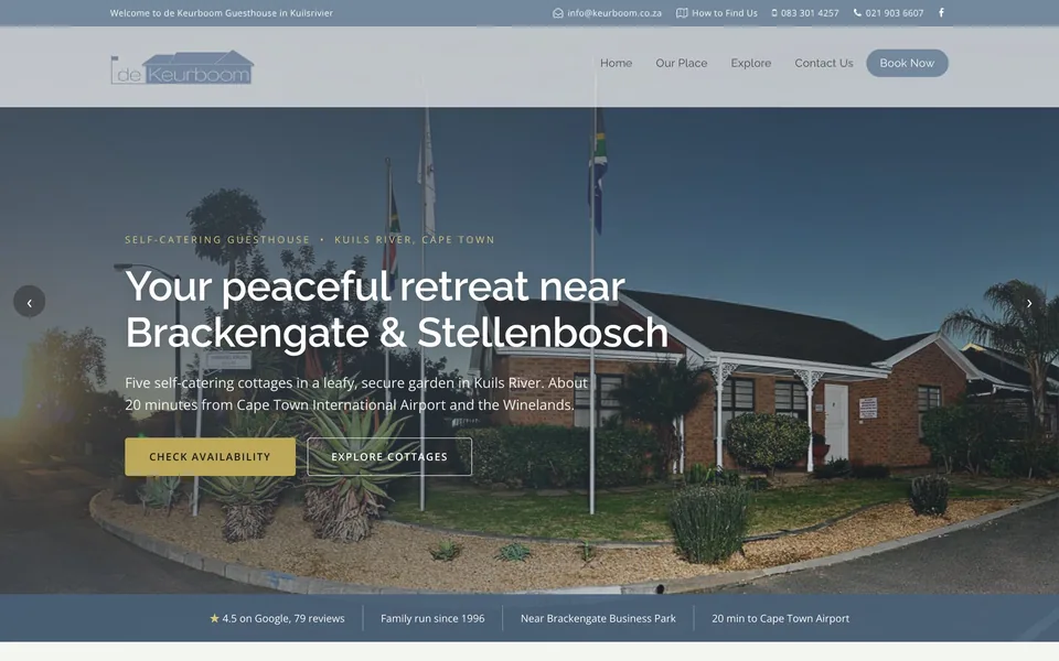 The 2026 De Keurboom home page with the slate header and gold buttons